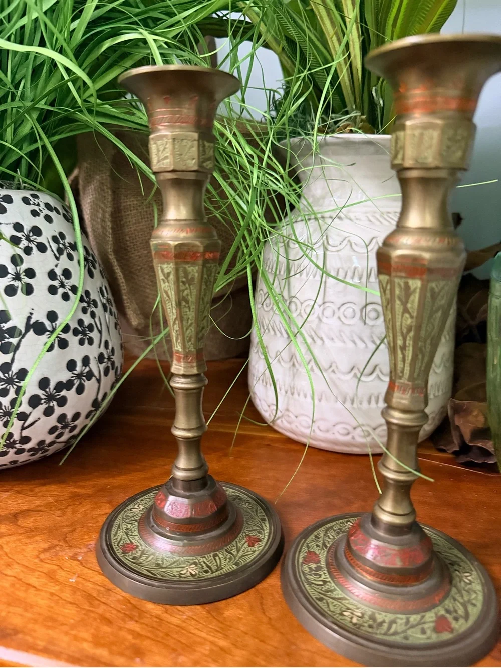 Vintage 1982 Stamped Indian Brass & Enamel Candlesticks – Matching Pair